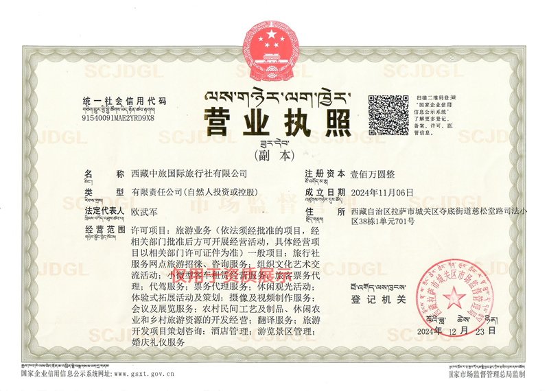 西藏中旅營業執照